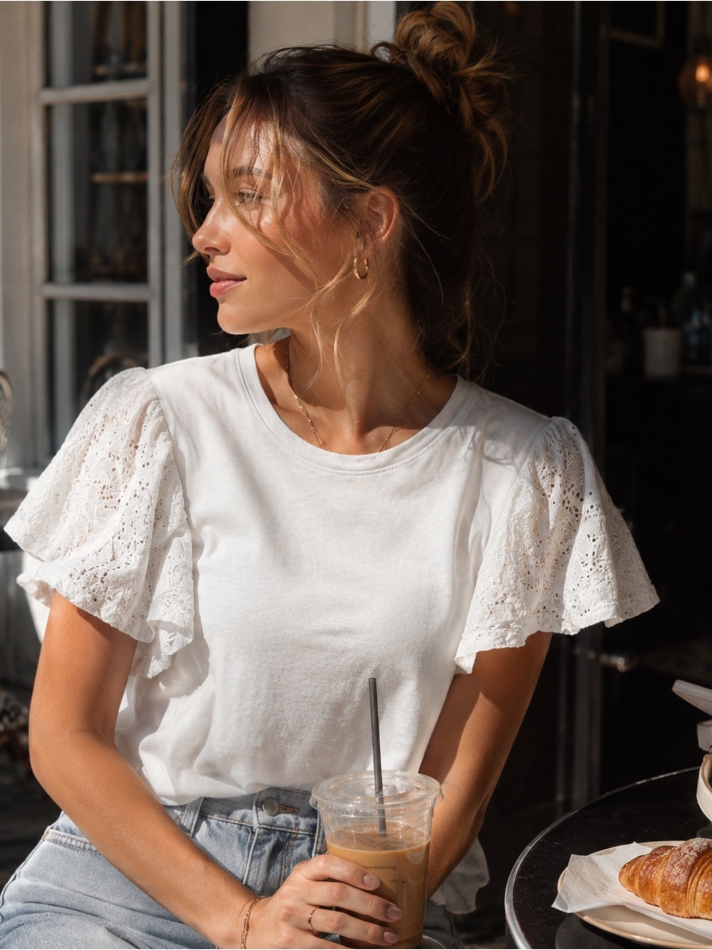Molly Bracken White Eyelet Ruffle Sleeve Top Women’s Medium